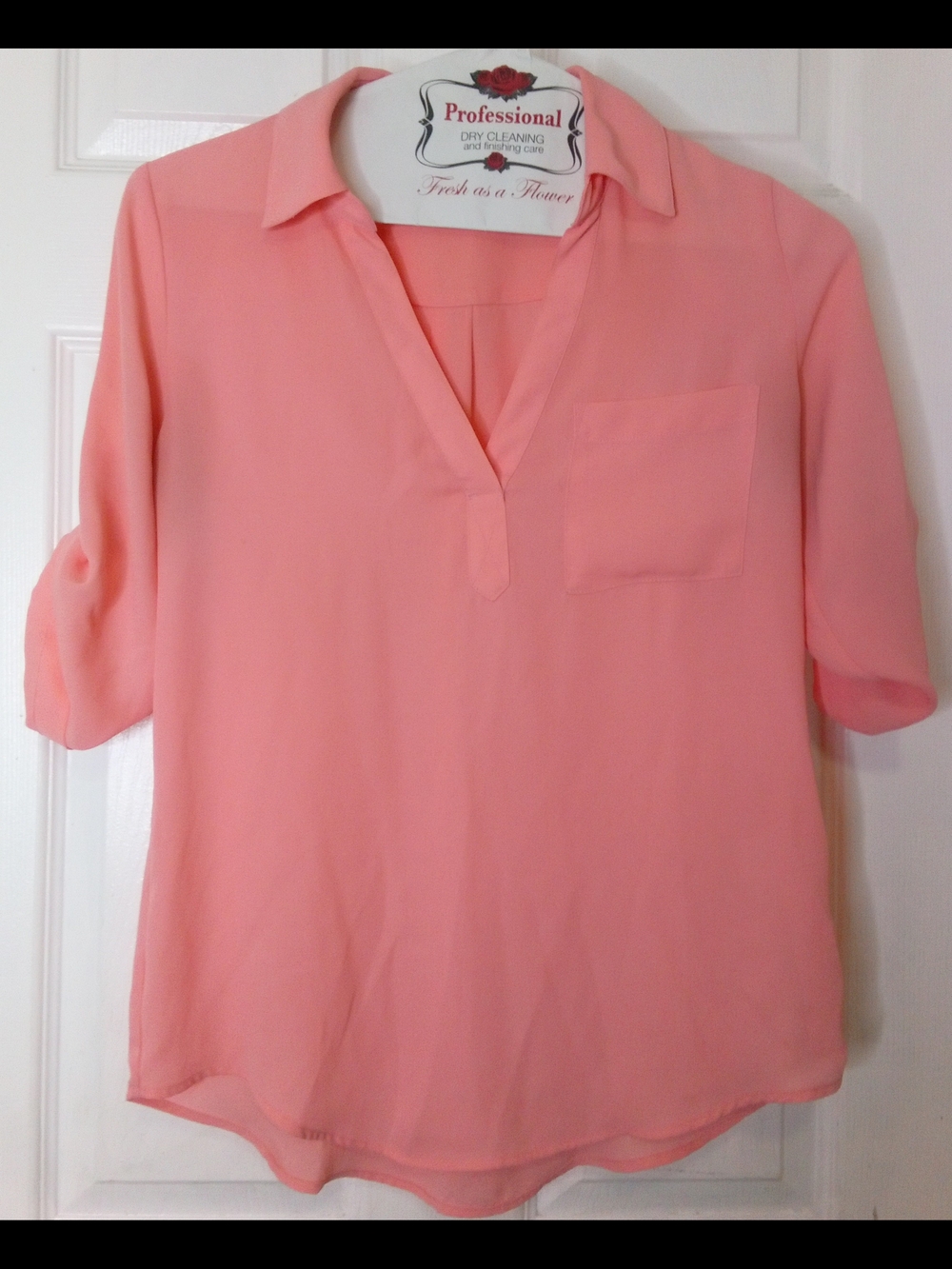 New York & Company Coral Pink V-Neck Blouse with Chest Pocket